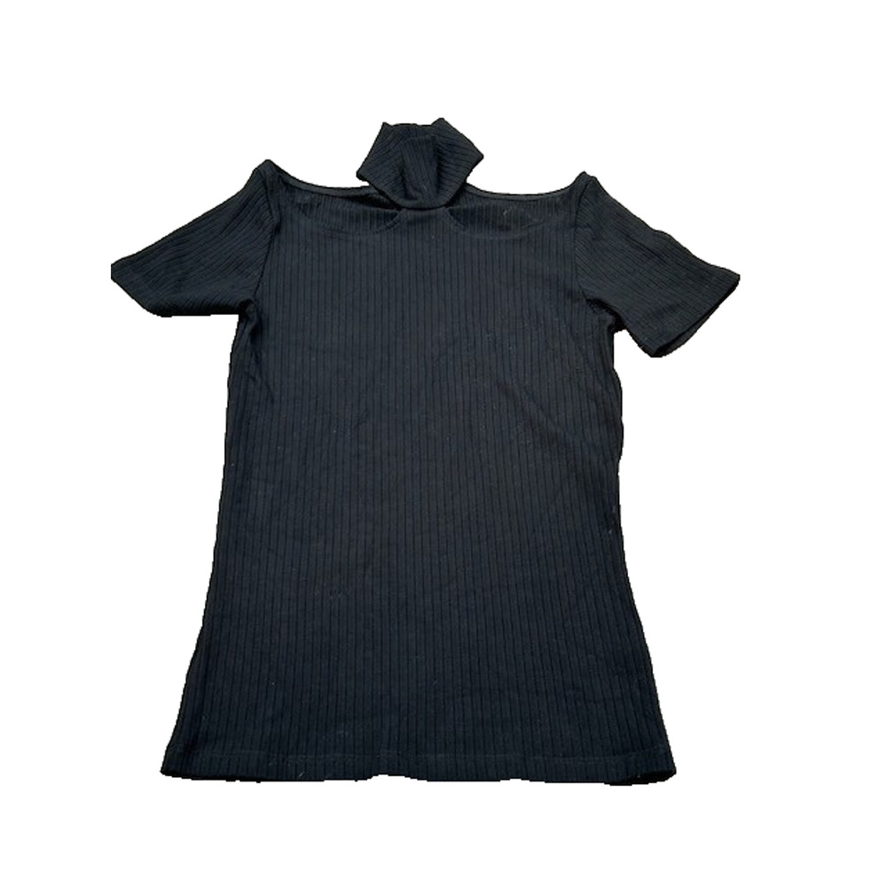 LNA Womens Cut Out Ribbed Blouse Top Mock Neck Short Sleeve T-Shirt Black Size S